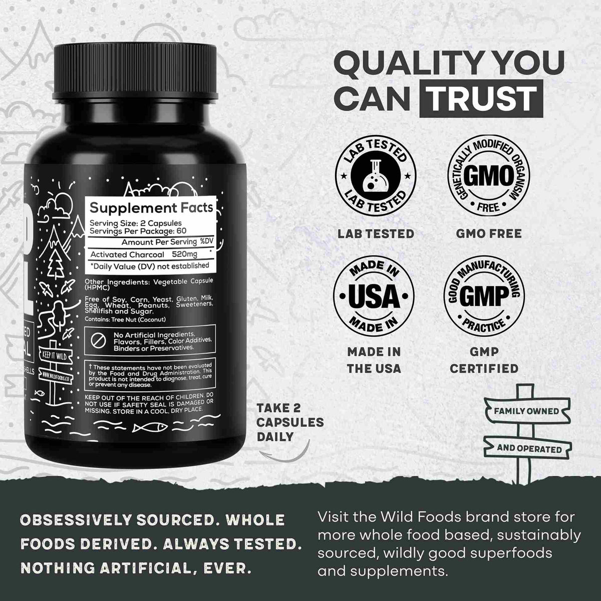 Activated Charcoal Capsules, 60 servings - Made from 100% Organic Coconuts Wild Foods
