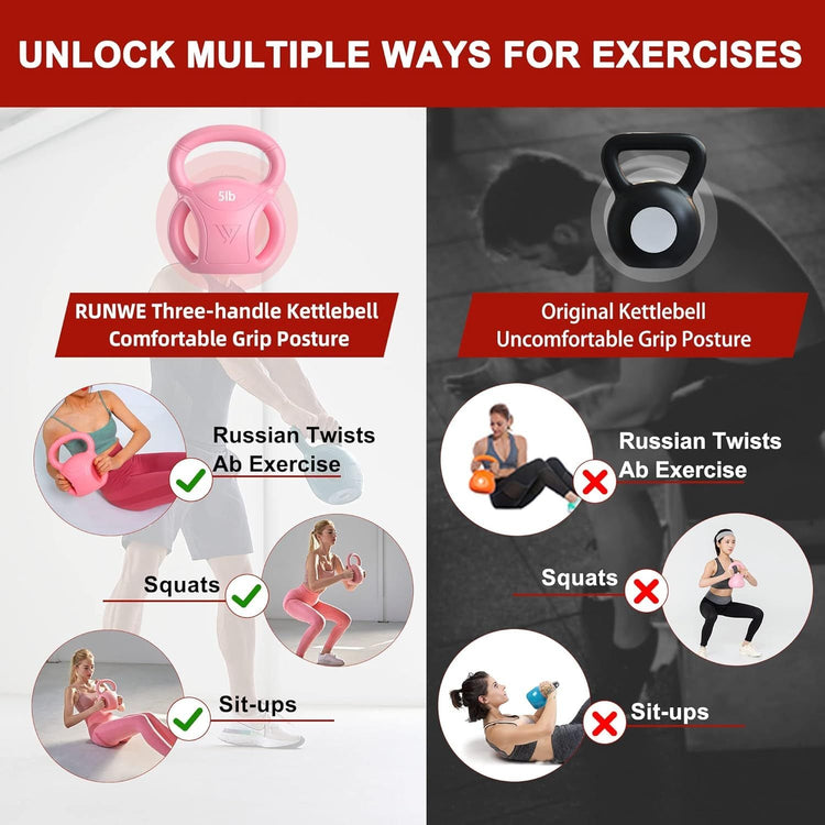 3 Handle Kettlebells Weight - Weight for Women Options 5, 10, 15 and 20 LB for Russian Twists AB Exercise, Weightlifting and Core Fitness Exercise Home Gym [Single in Sold] Berry Charmz