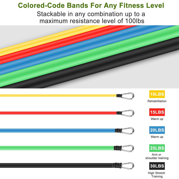 11Pcs Resistance Bands Set Fitness Workout Tubes Exercise Tube Bands Up to 100lbs Berry Charmz