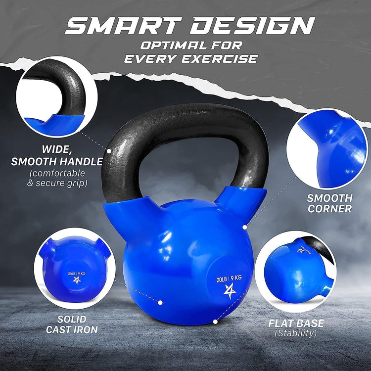 Kettlebell, 5-100 LB Vinyl Coated Cast Iron Strength Training Kettlebells for Home Gym Exercises, Fitness, Full Body Workout Equipment, Push Ups, and Grip Strength Berry Charmz