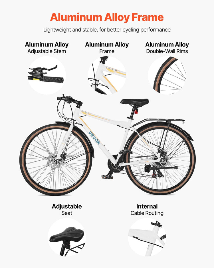 Hybrid Bike, Lightweight Aluminum Frame Bike, 700c Wheel Men Women Hybrid Bicycle, Step-Over Adult Urban City Commuter Bikes, with 24-Speed Shimano Drivetrain, Alloy Adjustable Stem, Dual Brakes Berry Charmz