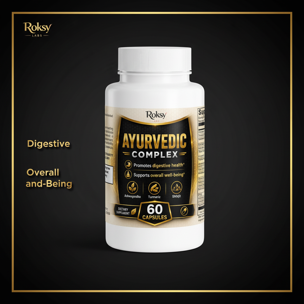 Ayurvedic Complex | Ashwagandha Turmeric Shilajit Brahmi Triphala | Digestive Health and Well-Being | 60 Capsules Roksy