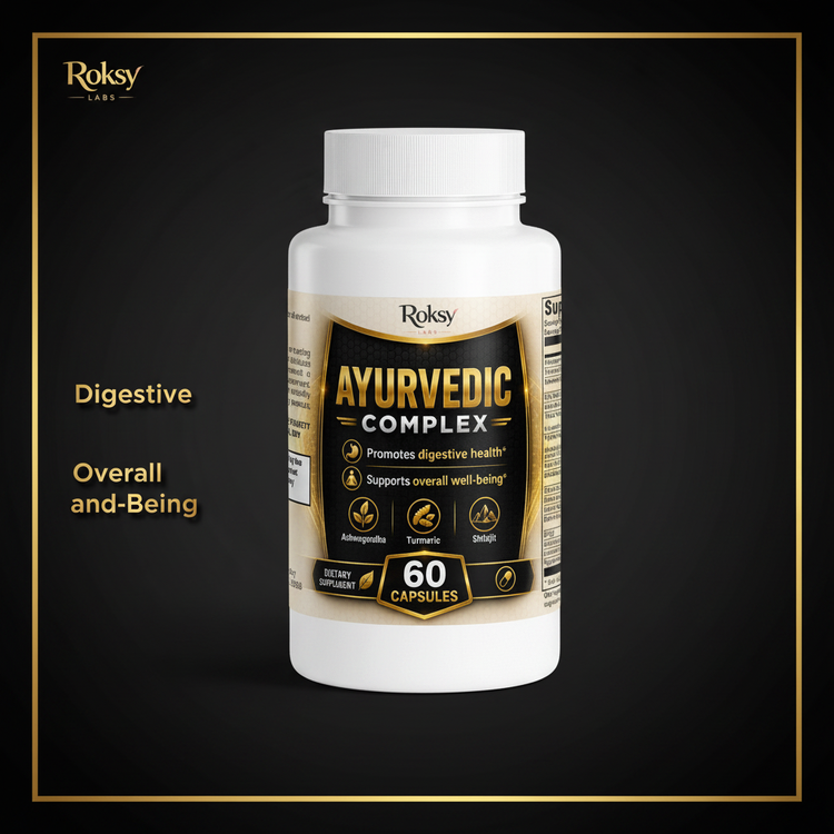 Ayurvedic Complex | Ashwagandha Turmeric Shilajit Brahmi Triphala | Digestive Health and Well-Being | 60 Capsules Roksy