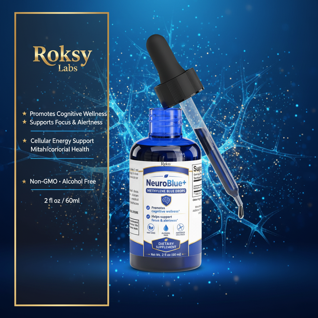 Methylene Blue Drops | NeuroBlue+ Nootropic Liquid for Cognitive Wellness & Cellular Energy | 2 fl oz Roksy