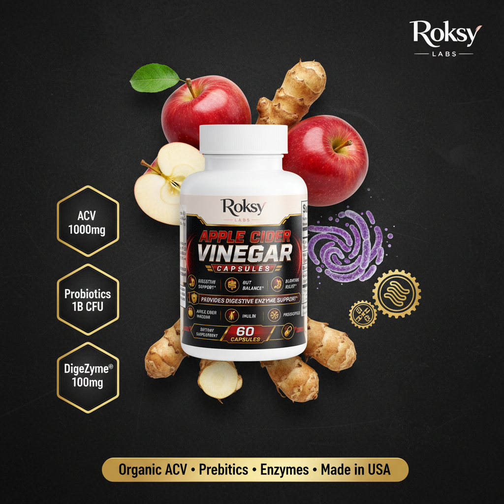 Apple Cider Vinegar Capsules for Weight Loss | ACV Pills with Probiotics & Enzymes | 60ct Roksy