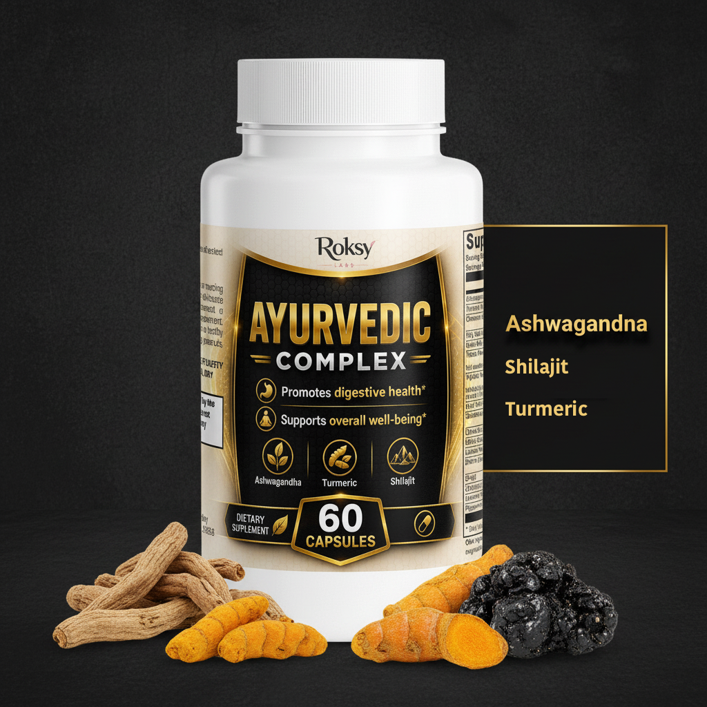 Ayurvedic Complex | Ashwagandha Turmeric Shilajit Brahmi Triphala | Digestive Health and Well-Being | 60 Capsules Roksy