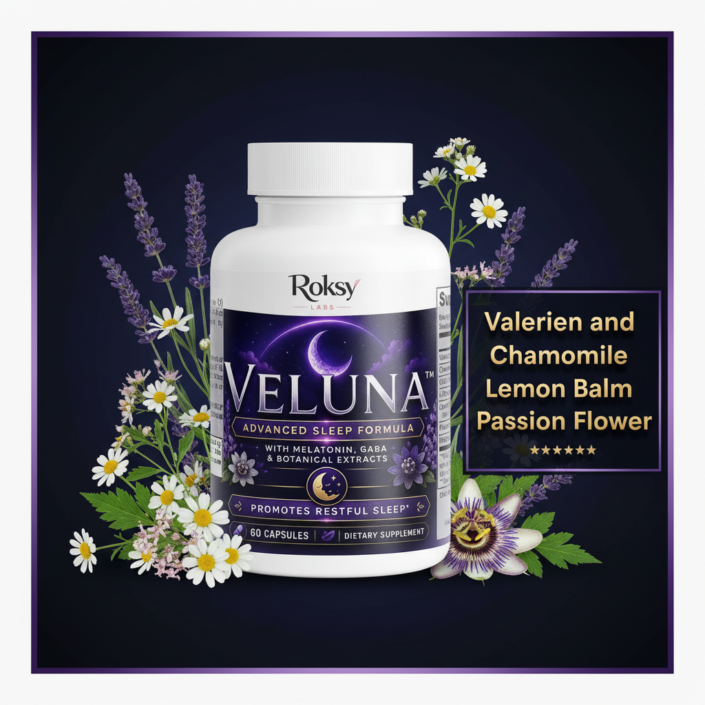Veluna Advanced Sleep Formula | Melatonin GABA Valerian Chamomile L-Tryptophan | Restful Sleep Support | 60 Capsules Roksy