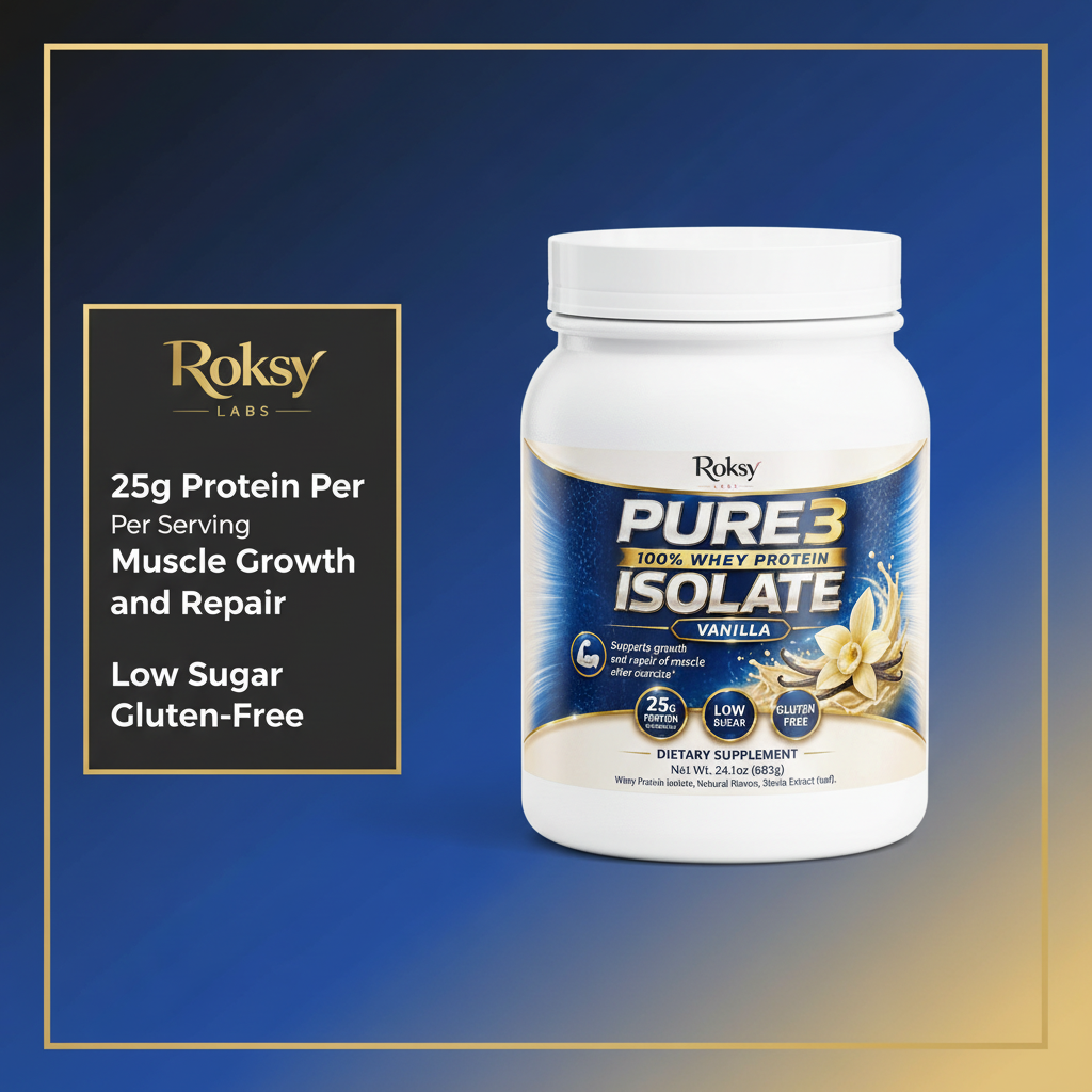 Pure3 100% Whey Protein Isolate Vanilla | 25g Protein Per Serving | Muscle Growth and Recovery | Low Sugar Gluten-Free | 1.5lb Roksy