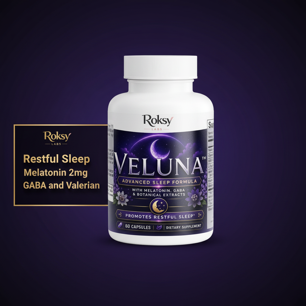Veluna Advanced Sleep Formula | Melatonin GABA Valerian Chamomile L-Tryptophan | Restful Sleep Support | 60 Capsules Roksy