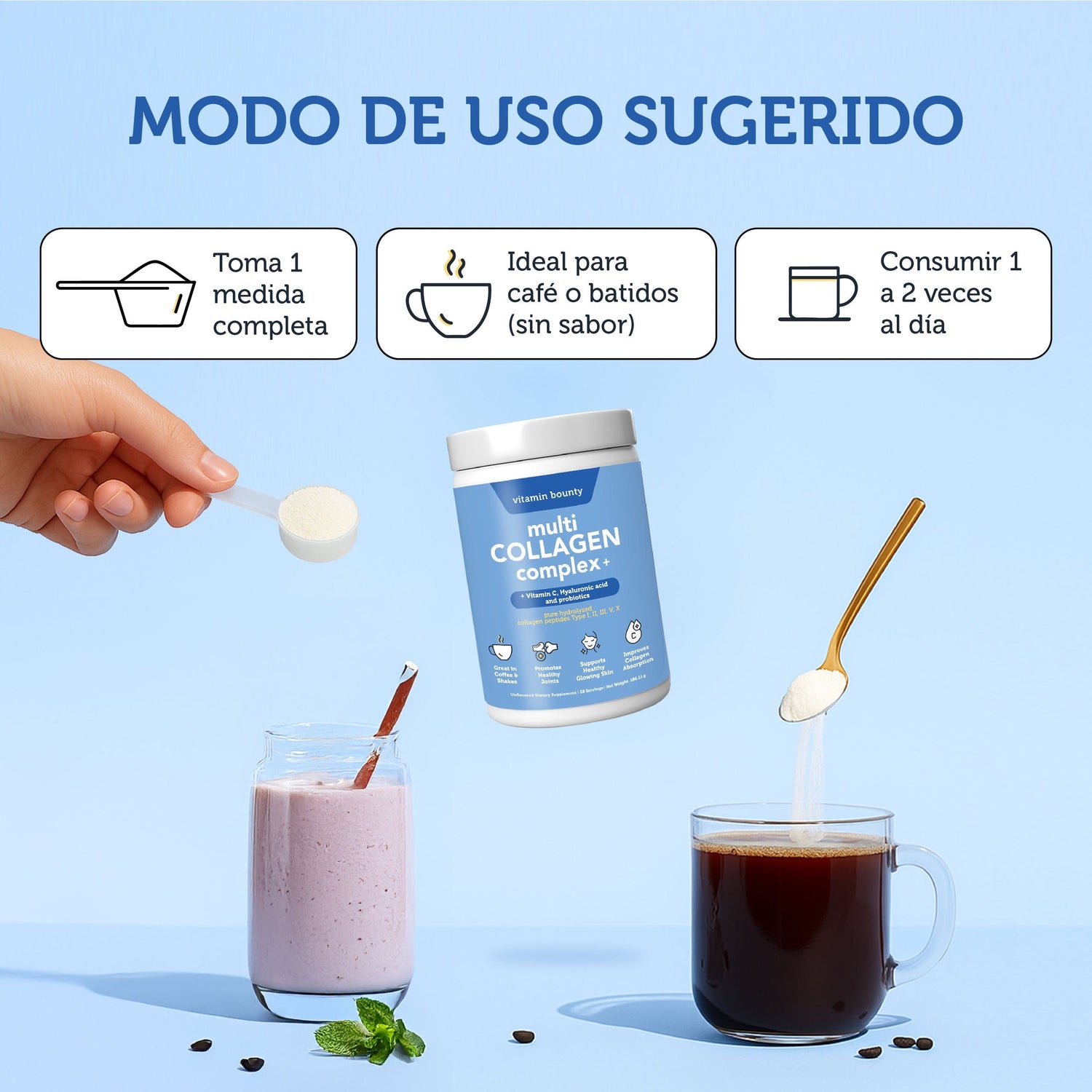 Colágeno Hidrolizado 5 en 1 con Ácido Hialurónico, Vitamina C y Probióticos Vitamin Bounty