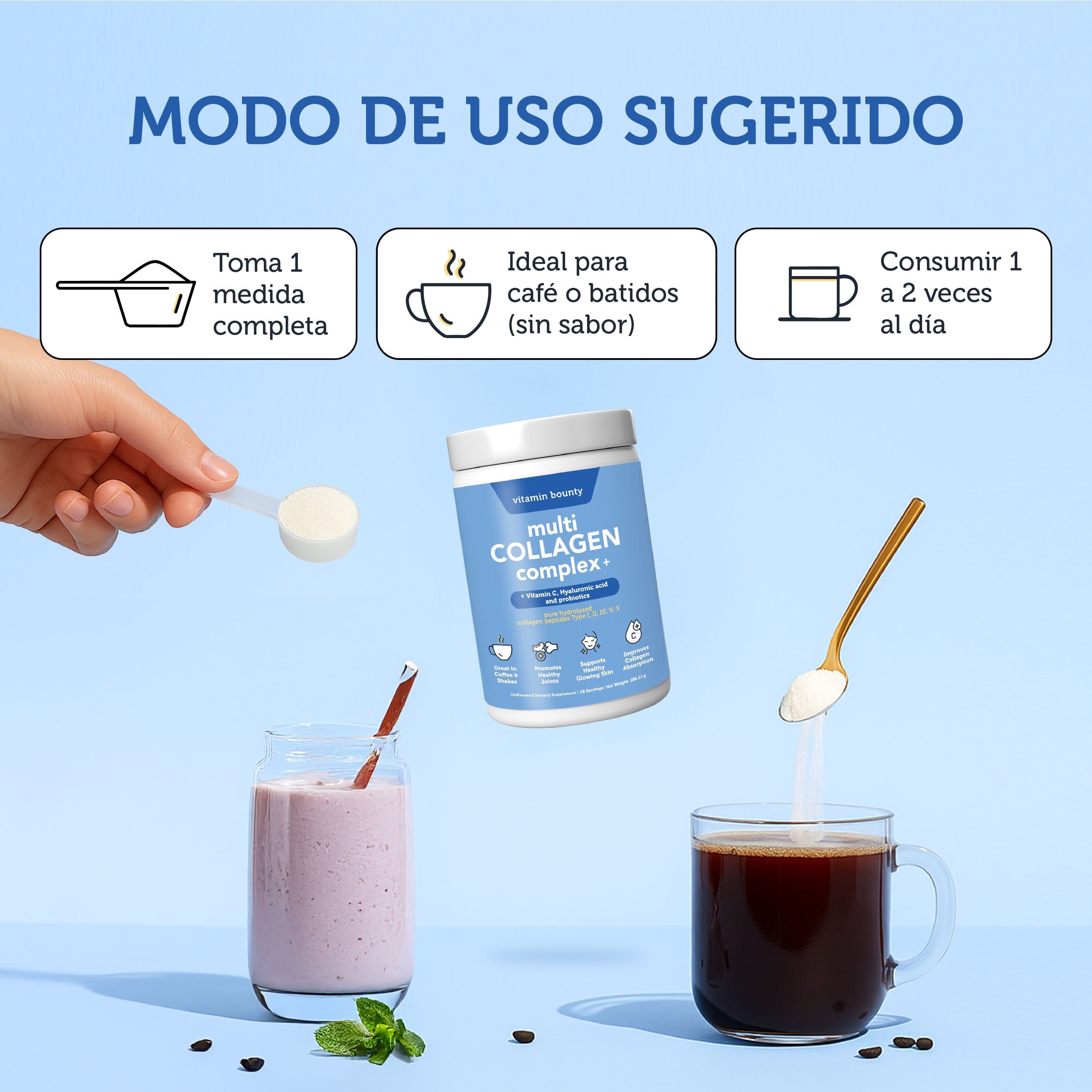 Colágeno Hidrolizado 5 en 1 con Ácido Hialurónico, Vitamina C y Probióticos Vitamin Bounty