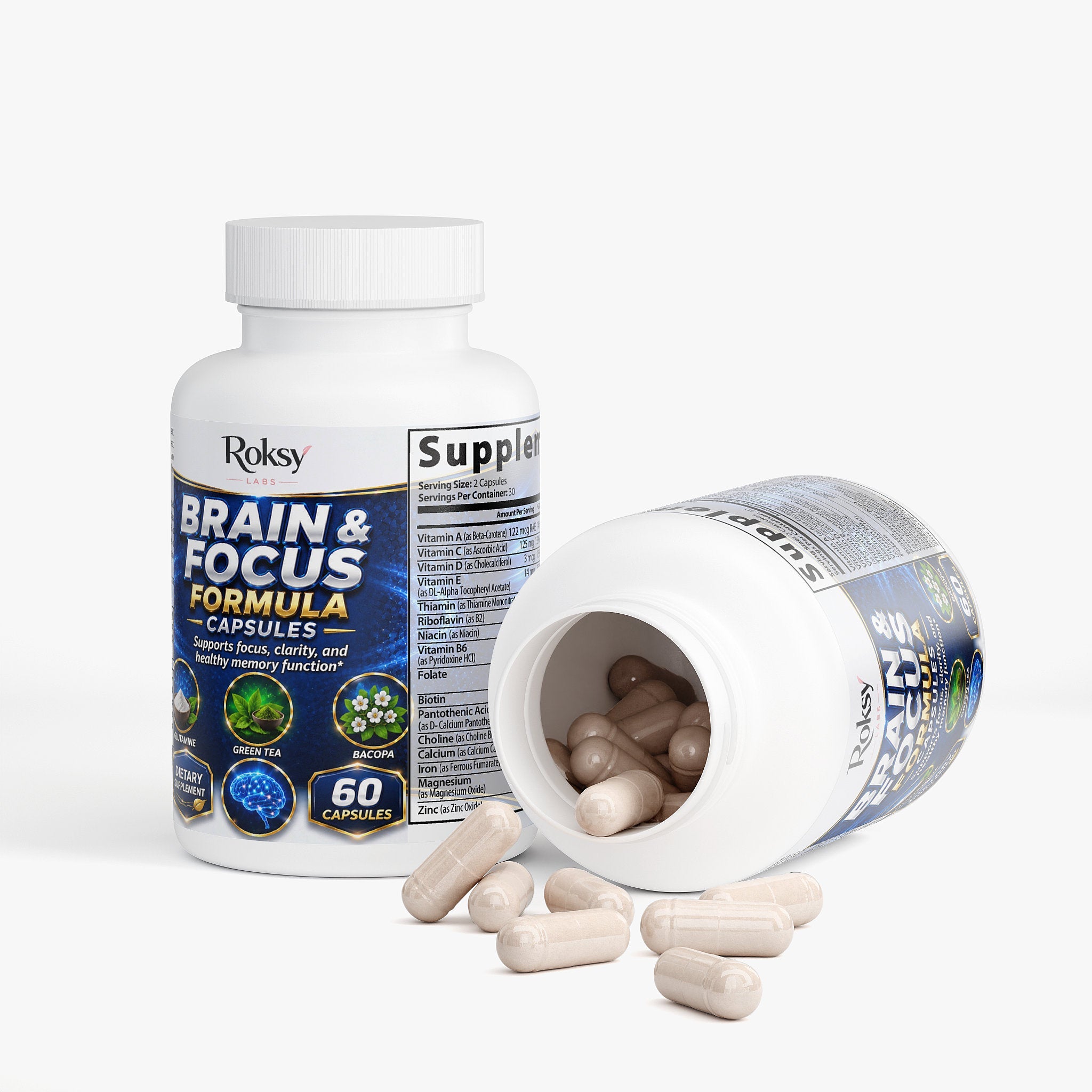 Brain Health Supplement for Focus & Clarity 60 ct – Nootropic Brain Support for Memory & Energy Roksy