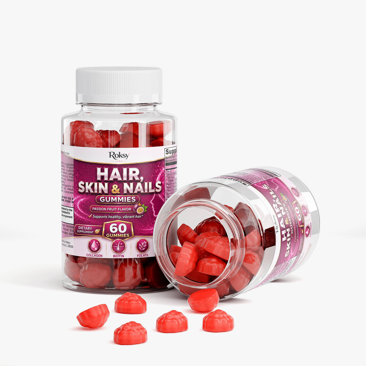 Premium Hair Skin & Nails Gummies - Collagen Supplements for Skin Health with Biotin 60ct Roksy