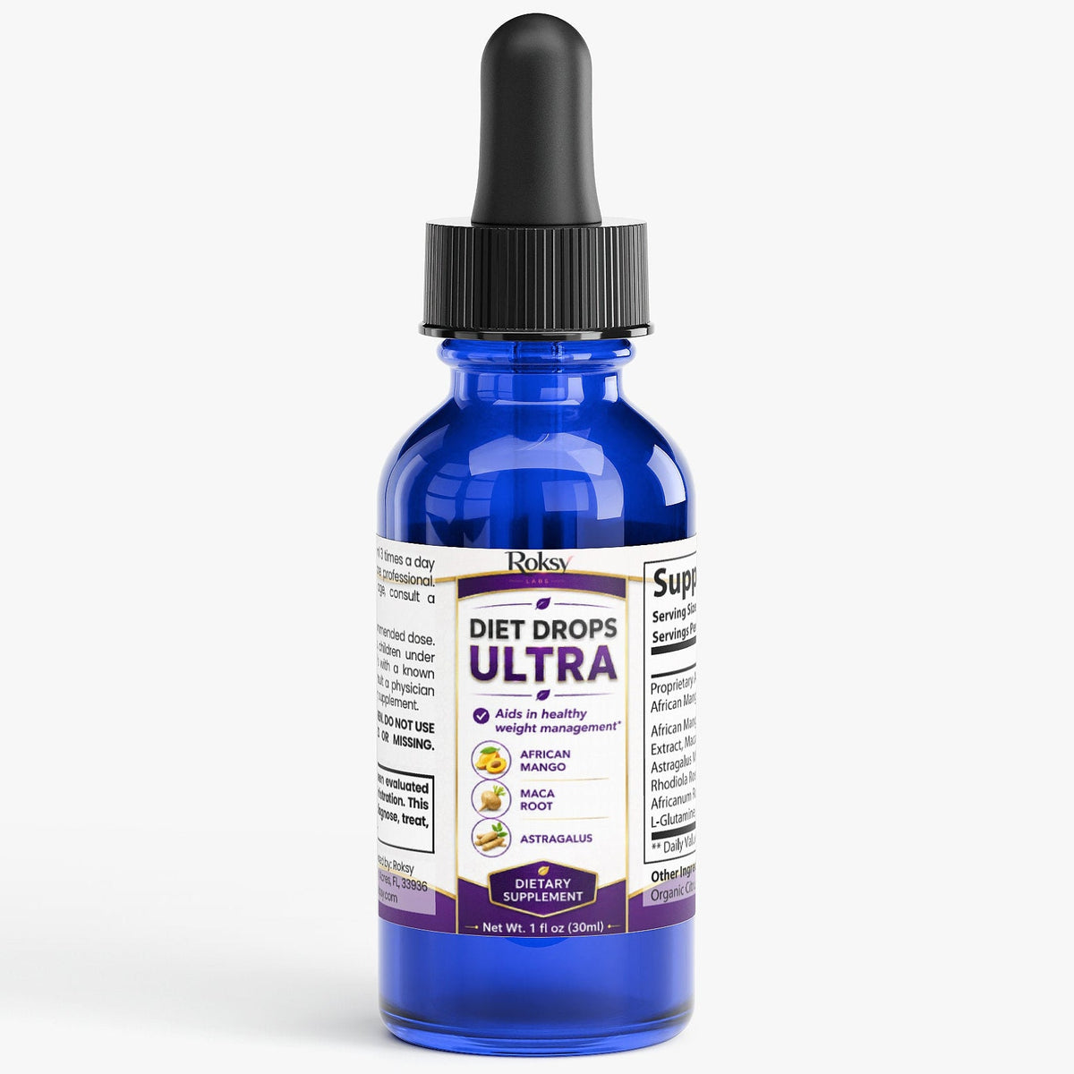 Diet Supplement - Ultra Diet Drops for Weight Management 1 oz (30ml) African Mango, Maca Root, and Rhodiola Rosea Roksy