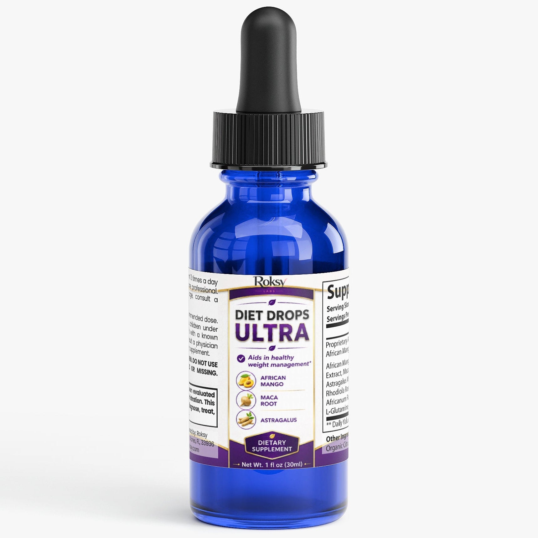 Diet Supplement - Ultra Diet Drops for Weight Management 1 oz (30ml) African Mango, Maca Root, and Rhodiola Rosea Roksy