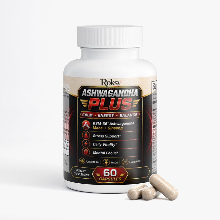 Ashwagandha Plus Dietary Supplement for Energy with KSM-66®, Maca & Ginseng – Stress, & Stamina Support | 60 Caps Roksy