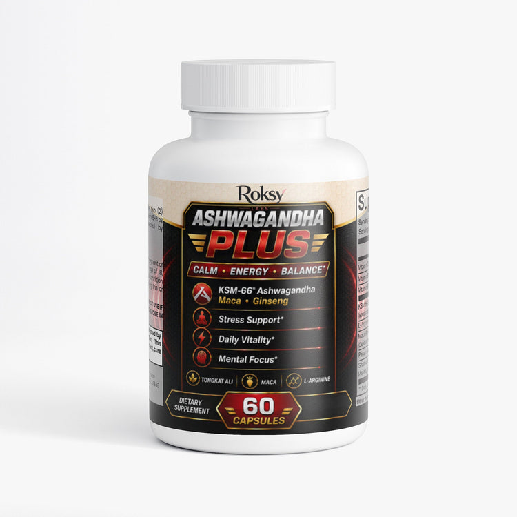 Ashwagandha Plus Dietary Supplement for Energy with KSM-66®, Maca & Ginseng – Stress, & Stamina Support | 60 Caps Roksy