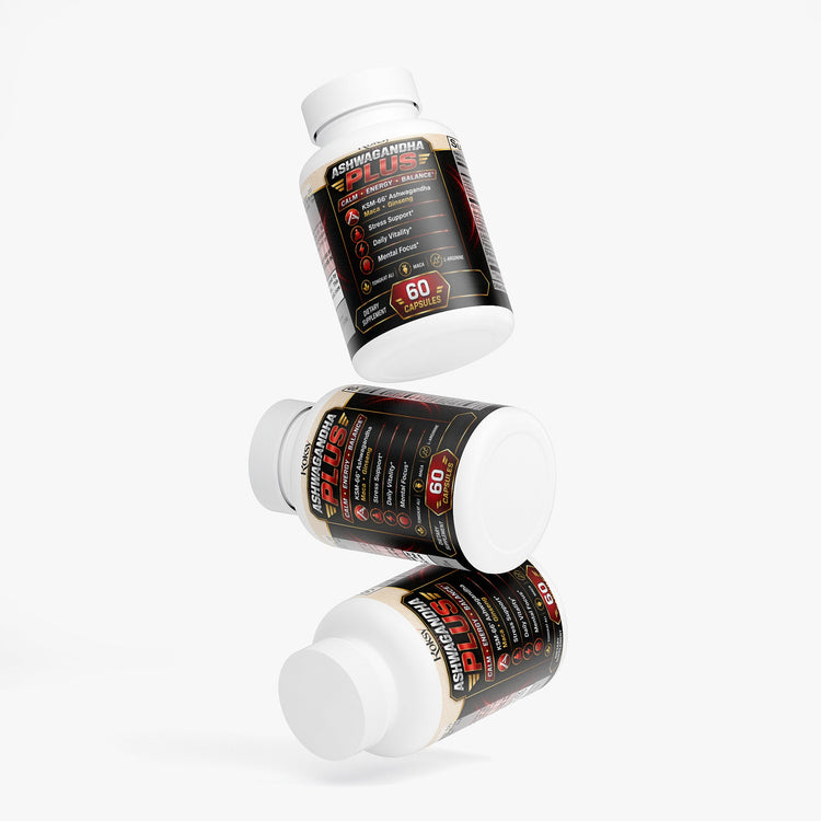 Ashwagandha Plus Dietary Supplement for Energy with KSM-66®, Maca & Ginseng – Stress, & Stamina Support | 60 Caps Roksy