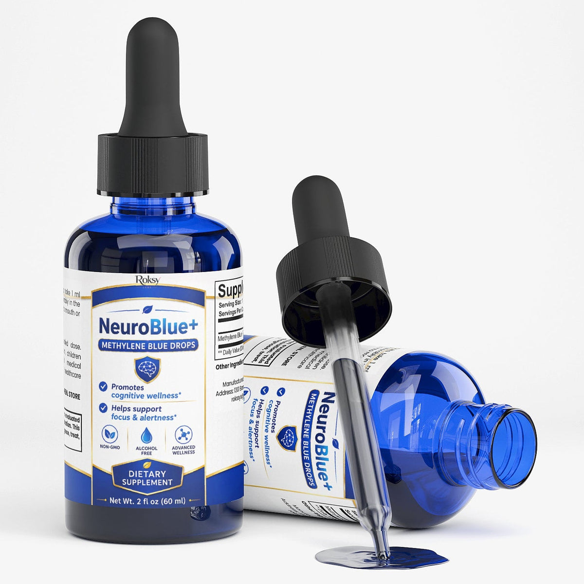 Methylene Blue Drops | NeuroBlue+ Nootropic Liquid for Cognitive Wellness & Cellular Energy | 2 fl oz Roksy