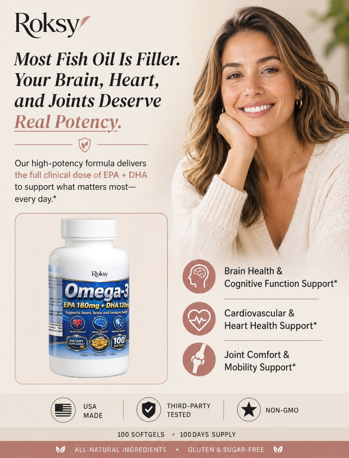 Omega 3 Fish Oil Supplement | EPA 180mg + DHA 120mg | Heart Brain & Immune Health | 100 Softgels Roksy
