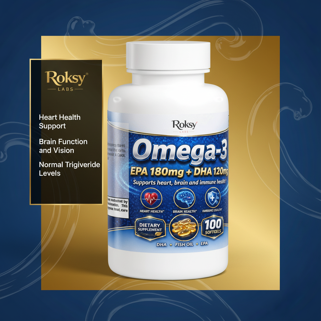 Omega 3 Fish Oil Supplement | EPA 180mg + DHA 120mg | Heart Brain & Immune Health | 100 Softgels Roksy