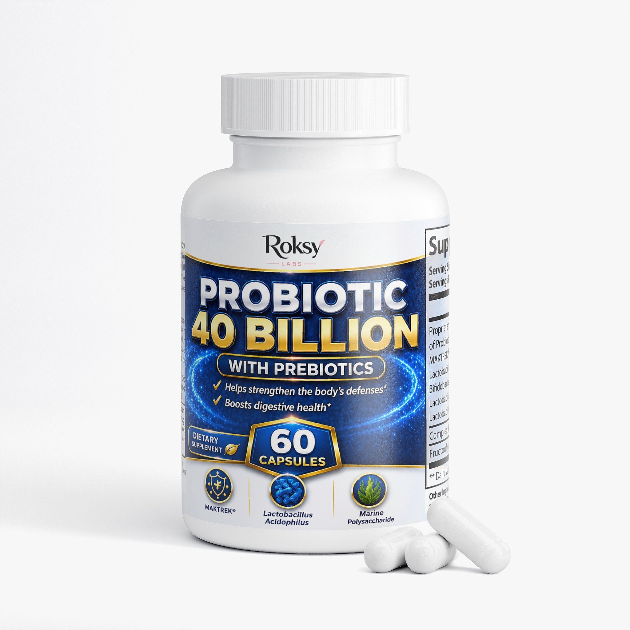 Probiotic Food Supplement - 40 Billion 60 Capsules with Prebiotics Roksy