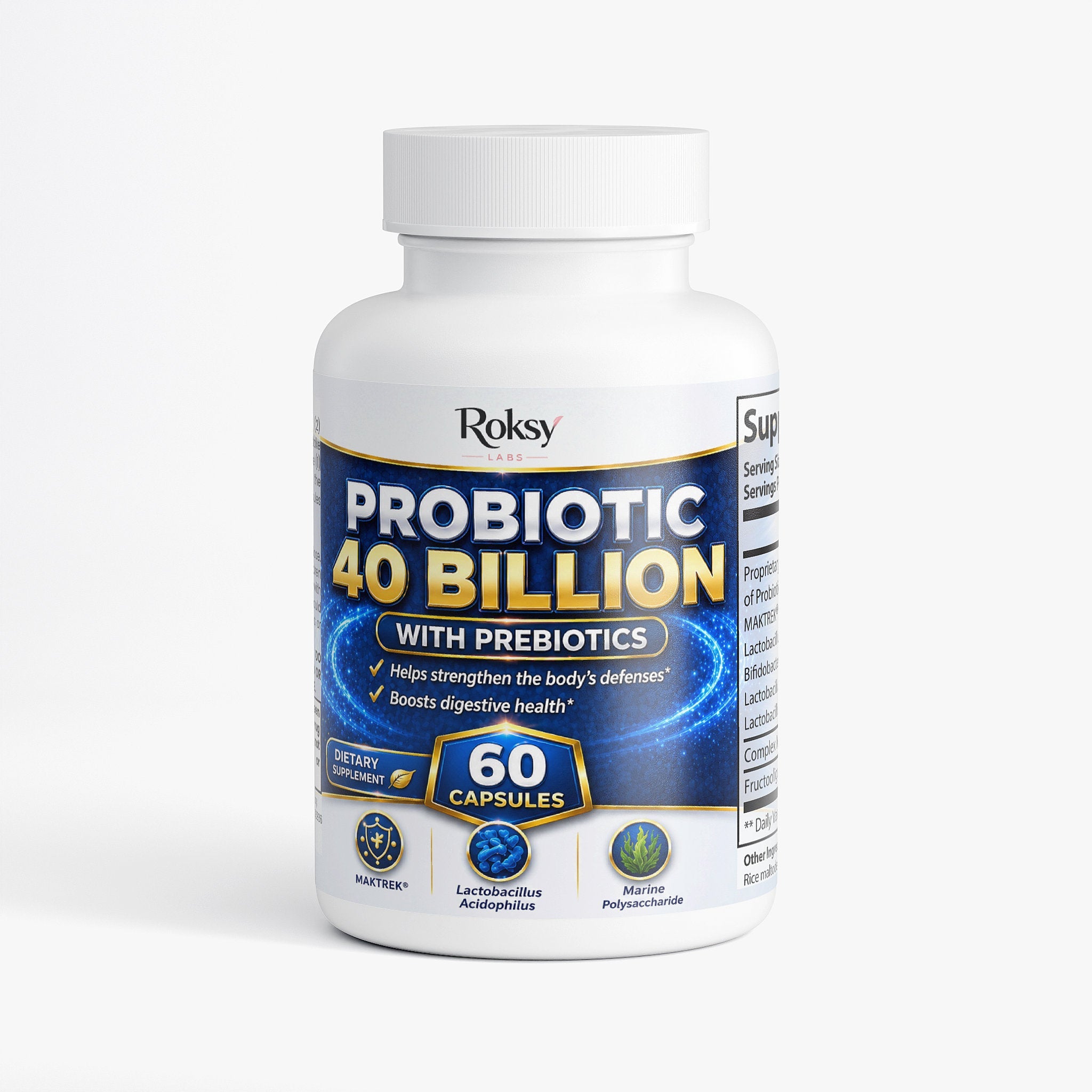 Probiotic Food Supplement - 40 Billion 60 Capsules with Prebiotics Roksy