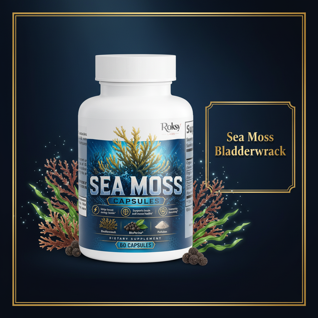 Sea Moss Capsules | Energy Immunity and Brain Health | Organic Irish Moss Bladderwrack BioPerine | 60 Capsules Roksy