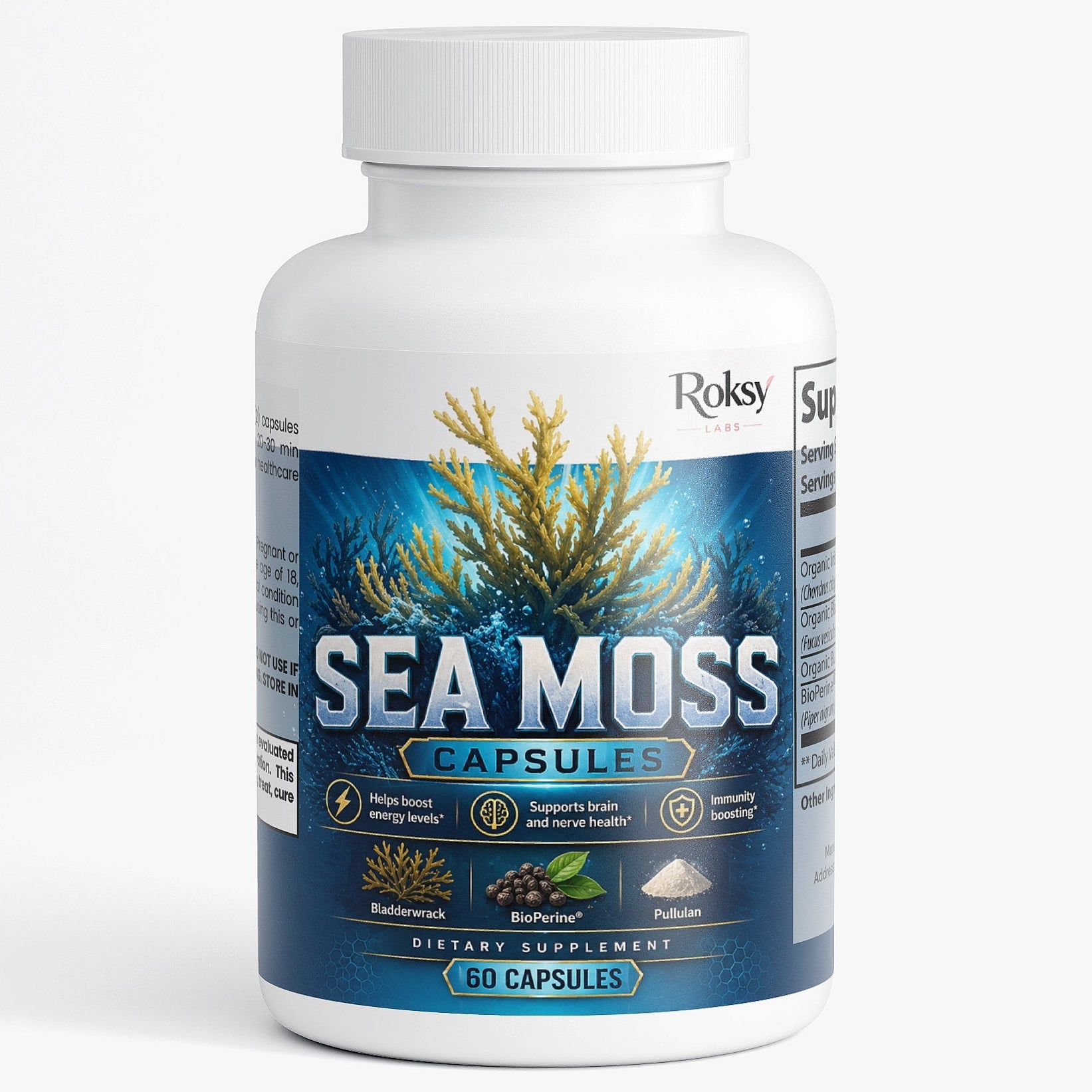 Sea Moss Capsules | Energy Immunity and Brain Health | Organic Irish Moss Bladderwrack BioPerine | 60 Capsules Roksy