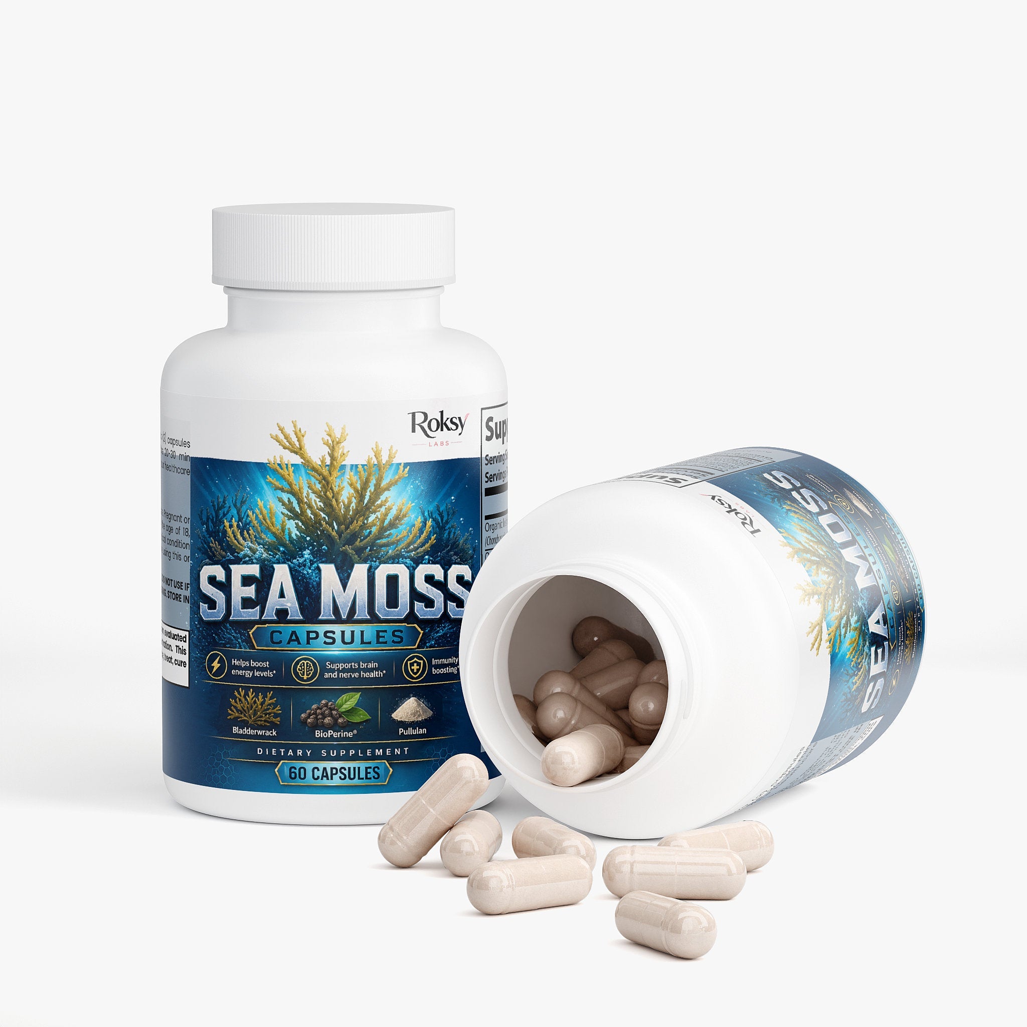 Sea Moss Capsules | Energy Immunity and Brain Health | Organic Irish Moss Bladderwrack BioPerine | 60 Capsules Roksy