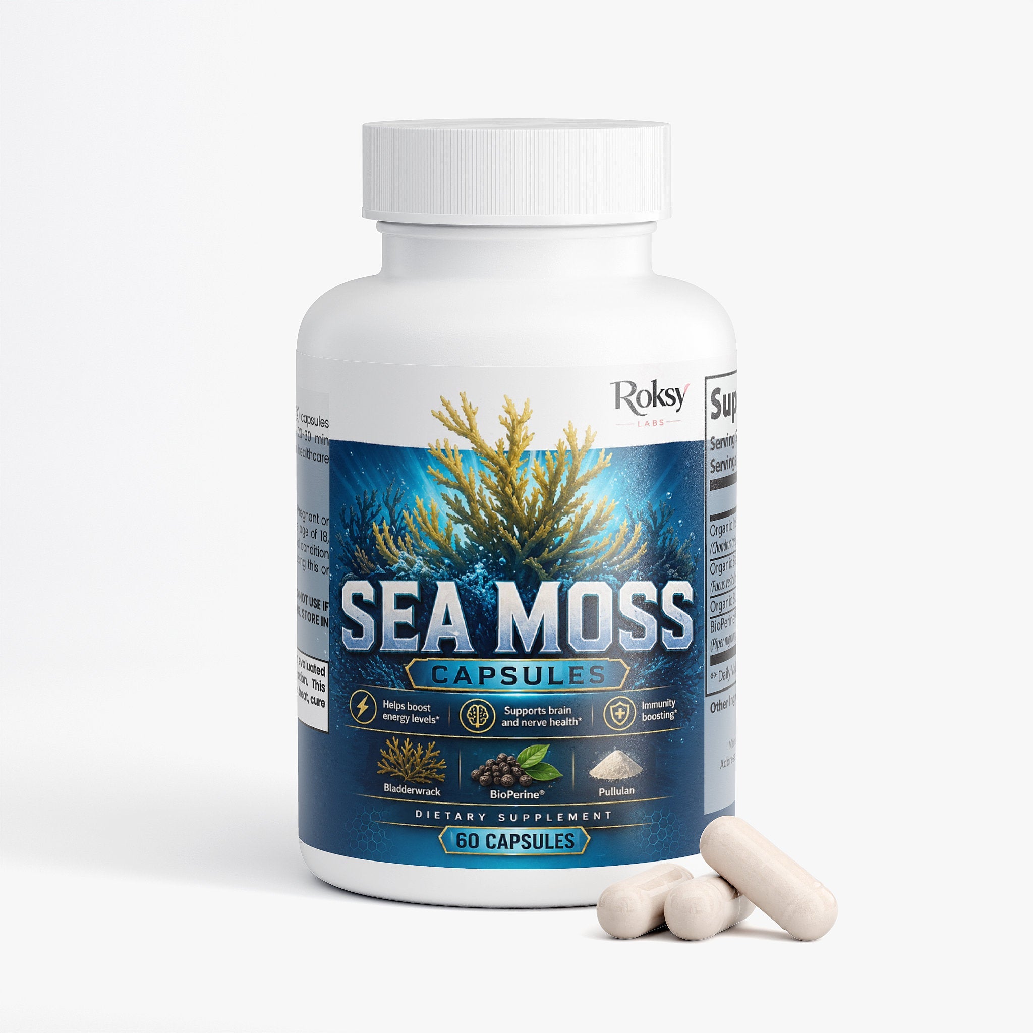 Sea Moss Capsules | Energy Immunity and Brain Health | Organic Irish Moss Bladderwrack BioPerine | 60 Capsules Roksy