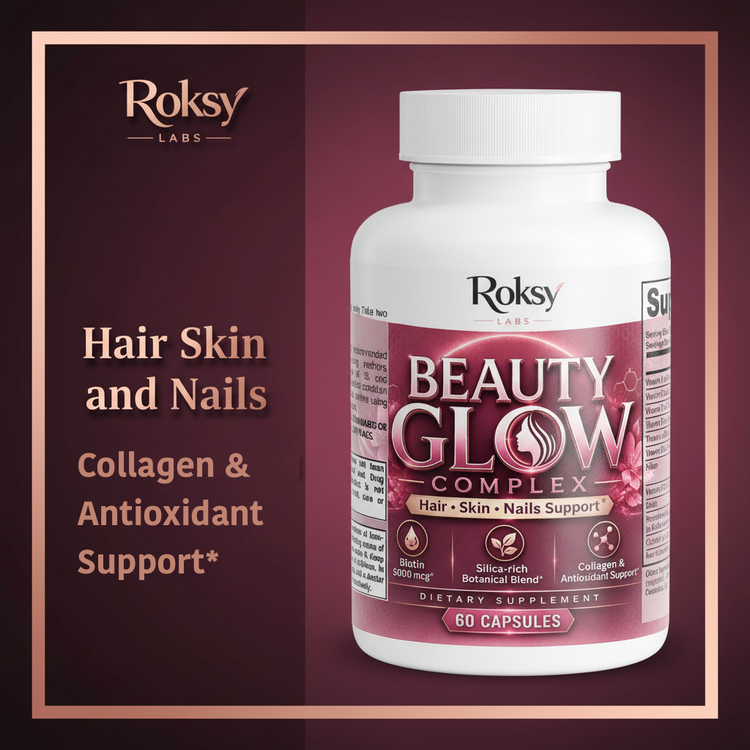 Beauty Glow Complex | Biotin 5000mcg Collagen Silica Horsetail Bamboo | Hair Skin and Nails Support | 60 Capsules Roksy