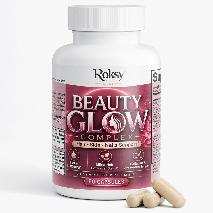 Beauty Glow Complex | Biotin 5000mcg Collagen Silica Horsetail Bamboo | Hair Skin and Nails Support | 60 Capsules Roksy