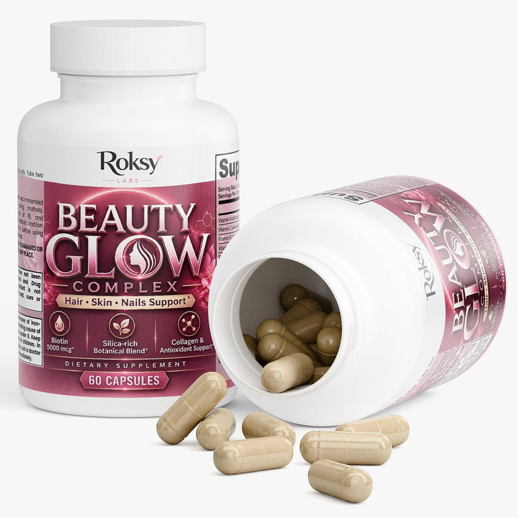 Beauty Glow Complex | Biotin 5000mcg Collagen Silica Horsetail Bamboo | Hair Skin and Nails Support | 60 Capsules Roksy