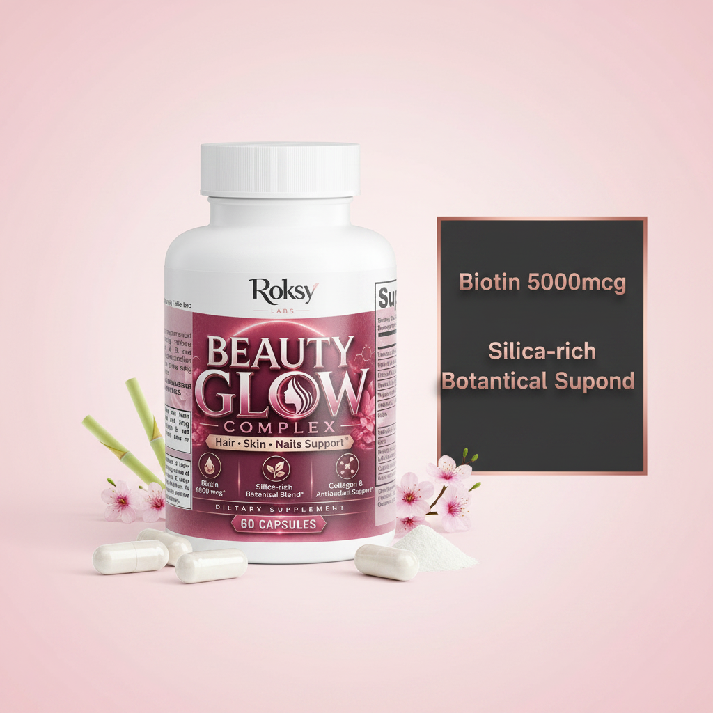 Beauty Glow Complex | Biotin 5000mcg Collagen Silica Horsetail Bamboo | Hair Skin and Nails Support | 60 Capsules Roksy