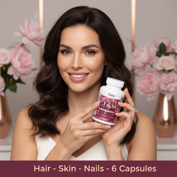 Beauty Glow Complex | Biotin 5000mcg Collagen Silica Horsetail Bamboo | Hair Skin and Nails Support | 60 Capsules Roksy