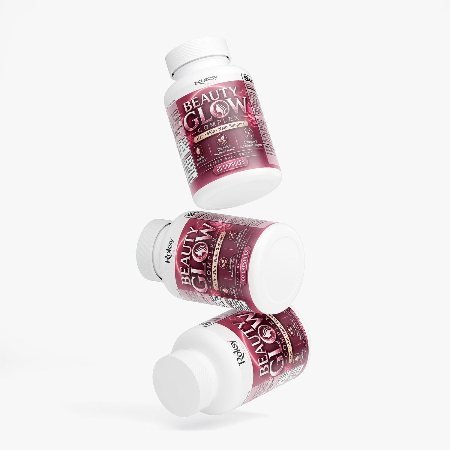 Beauty Glow Complex | Biotin 5000mcg Collagen Silica Horsetail Bamboo | Hair Skin and Nails Support | 60 Capsules Roksy