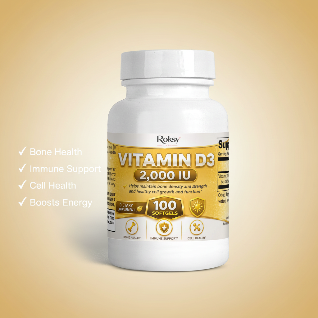 Supplement Vitamin D3 2000 IU for Bone Health 2,000 IU 100 softgels Roksy