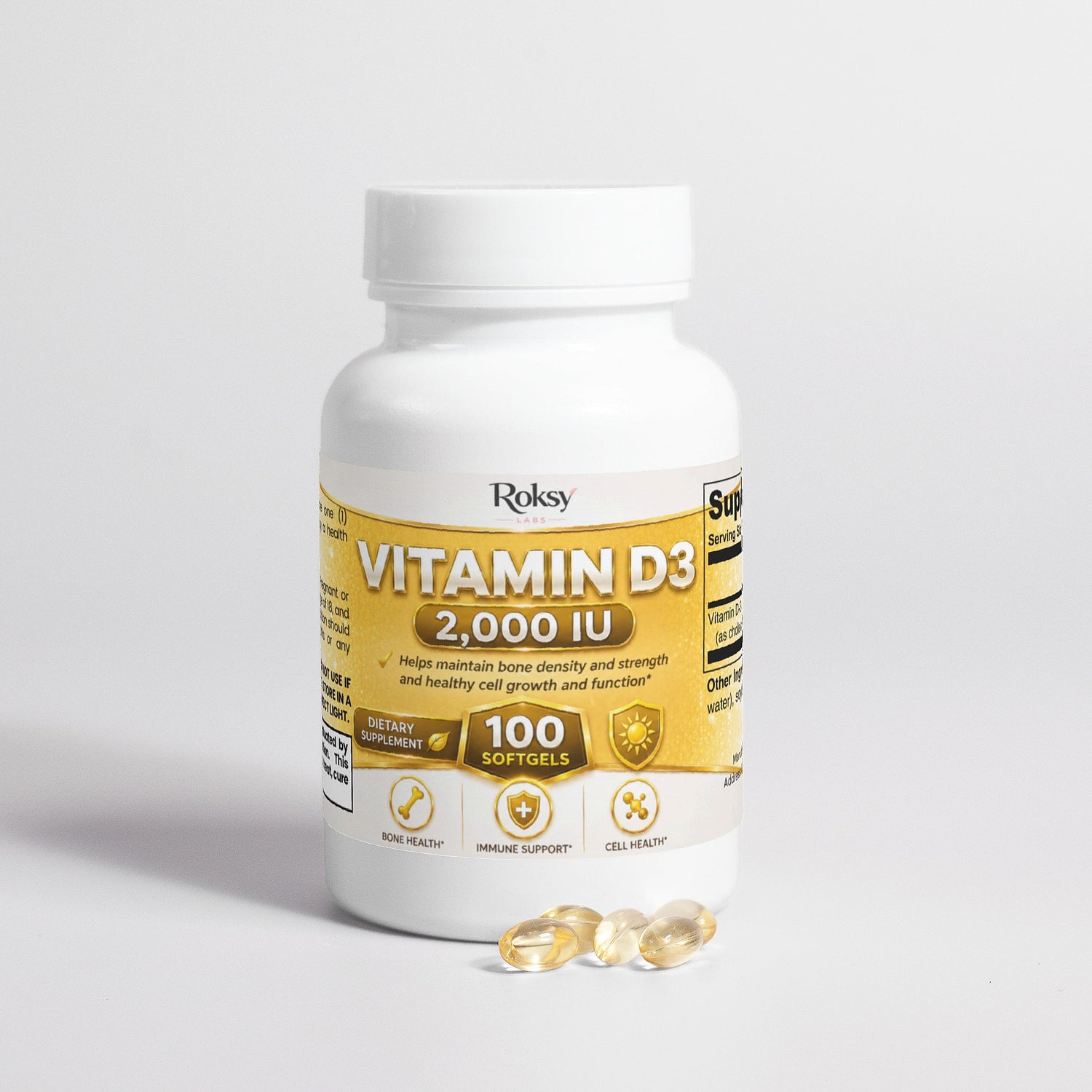 Supplement Vitamin D3 2000 IU for Bone Health 2,000 IU 100 softgels Roksy