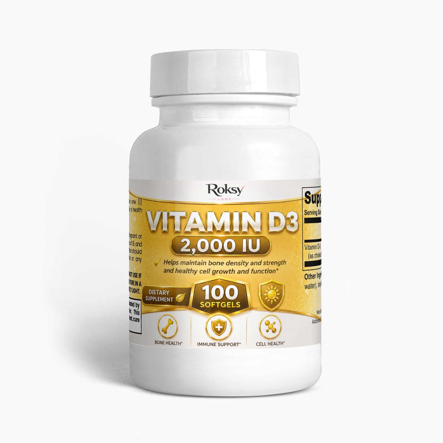 Supplement Vitamin D3 2000 IU for Bone Health 2,000 IU 100 softgels Roksy