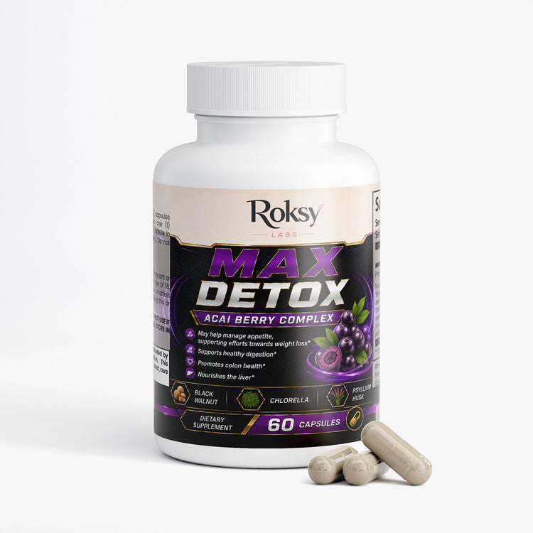 Max Detox Acai Berry Capsules for Cleanse Colon With Psyllium and Acai 60 ct Roksy