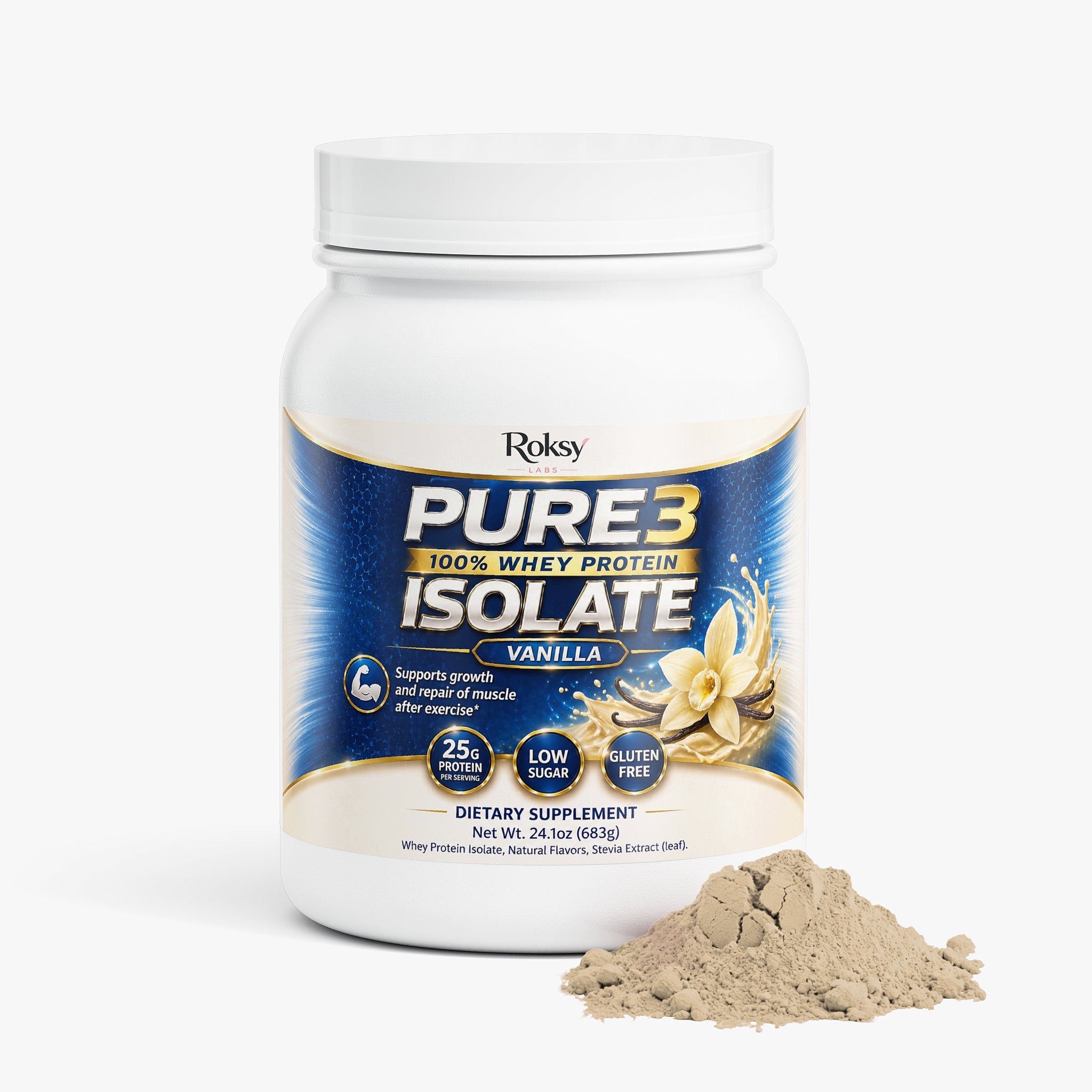 Pure3 100% Whey Protein Isolate Vanilla | 25g Protein Per Serving | Muscle Growth and Recovery | Low Sugar Gluten-Free | 1.5lb Roksy