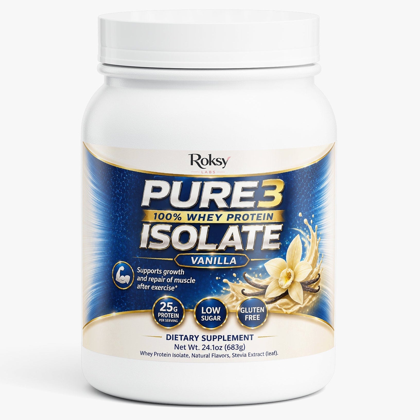 Pure3 100% Whey Protein Isolate Vanilla | 25g Protein Per Serving | Muscle Growth and Recovery | Low Sugar Gluten-Free | 1.5lb Roksy