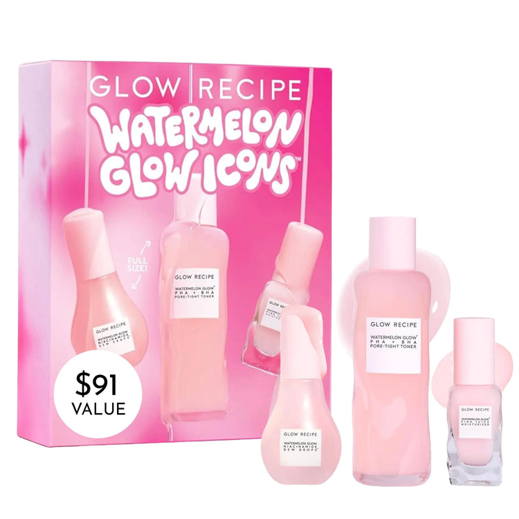 Glow Recipe Watermelon Glow Icons Skin Care Gift Set - Niacinamide Dew Drops Face Serum + PHA + BHA Pore Minimizing Toner with Hyaluronic Acid + Pink Juice Facial Moisturizer (3 Count) Pi-Mart