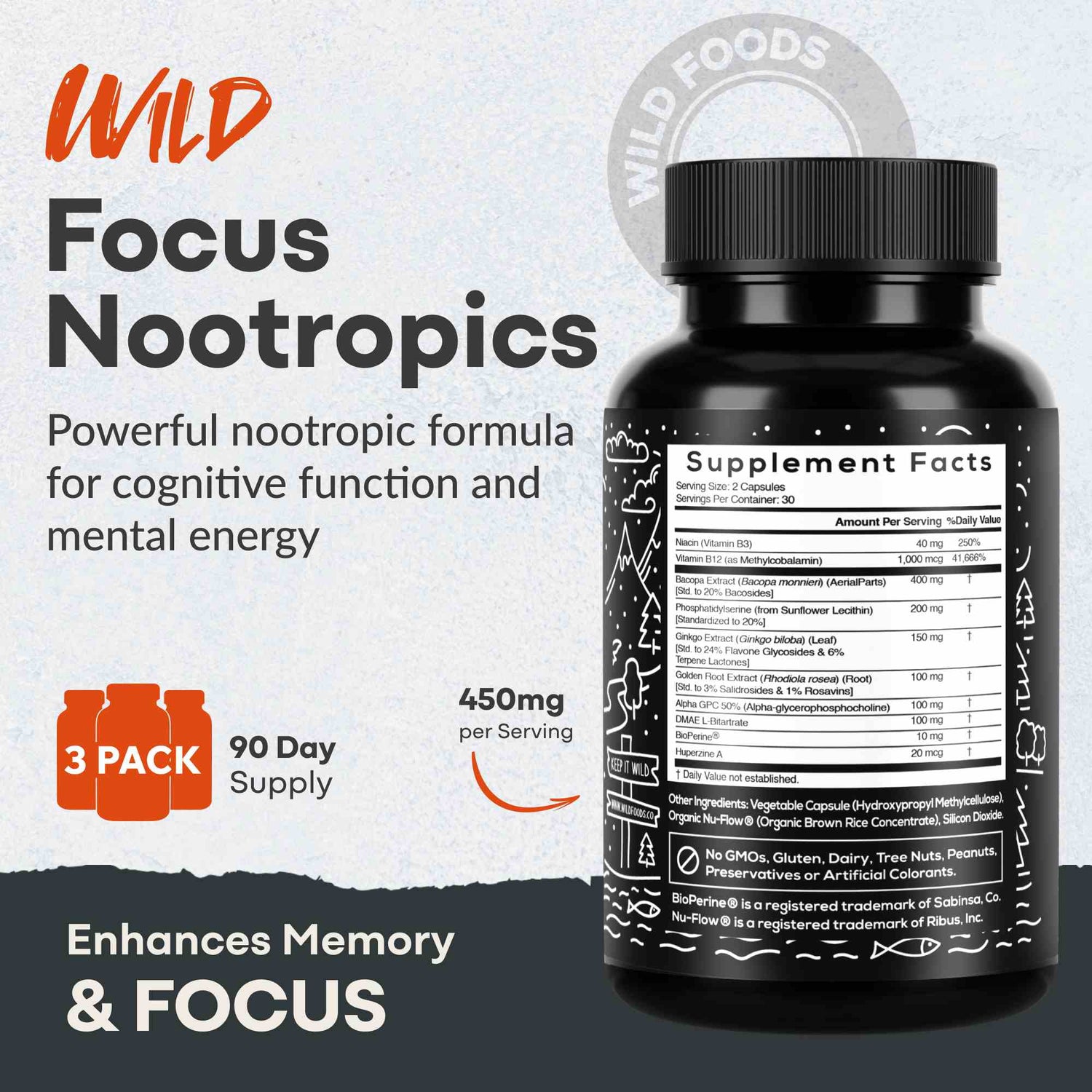 Focus Nootropic Blend, 30 servings – Cognitive Support for Memory & Focus Wild Foods